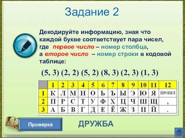 Декодируйте информацию, зная что каждой букве соответствует пара чисел, где