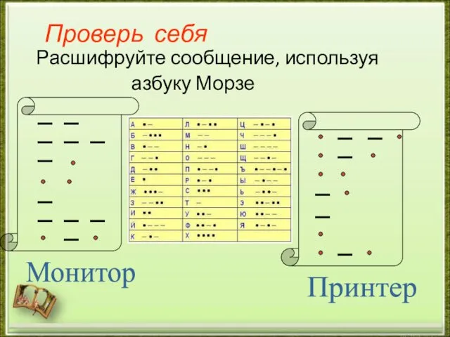 Проверь себя Расшифруйте сообщение, используя азбуку Морзе Монитор Принтер