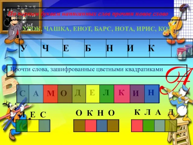 По первым буквам написанных слов прочти новое слово УРОК, ЧАШКА, ЕНОТ, БАРС, НОТА,