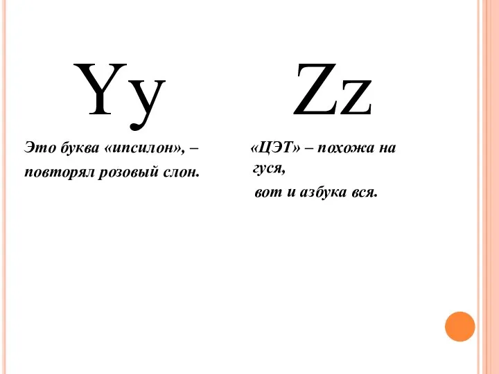 Yy Это буква «ипсилон», – повторял розовый слон. Zz «ЦЭТ»