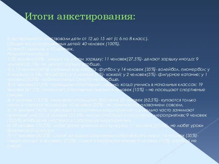 Итоги анкетирования: В эксперименте участвовали дети от 12 до 15 лет (с 6