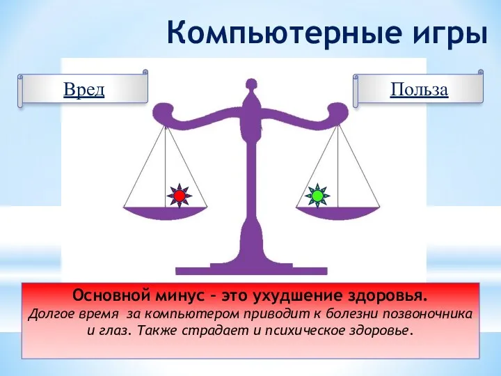 Компьютерные игры Основной минус – это ухудшение здоровья. Долгое время