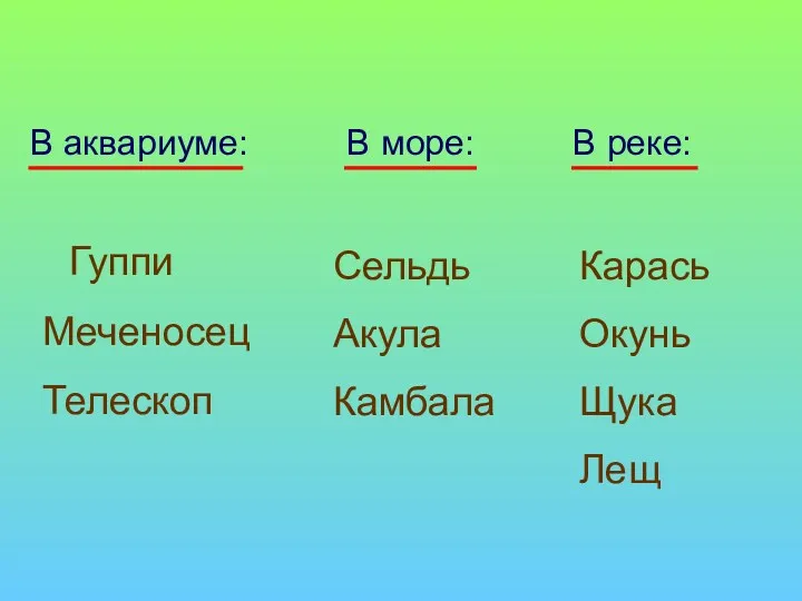 В аквариуме: В море: В реке: Гуппи Меченосец Телескоп Сельдь Акула Камбала Карась Окунь Щука Лещ