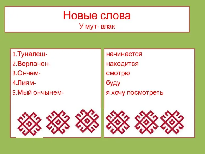 Новые слова У мут- влак 1.Туналеш- 2.Верланен- 3.Ончем- 4.Лиям- 5.Мый