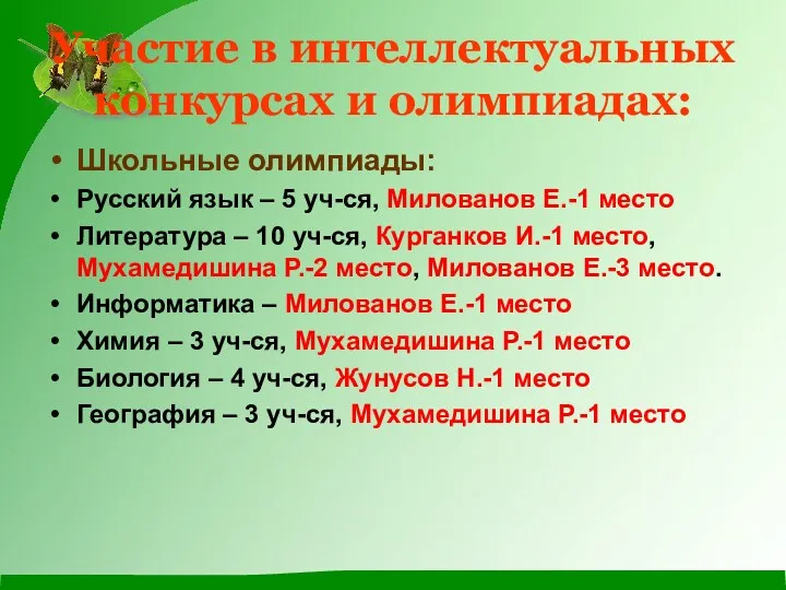 Участие в интеллектуальных конкурсах и олимпиадах: Школьные олимпиады: Русский язык