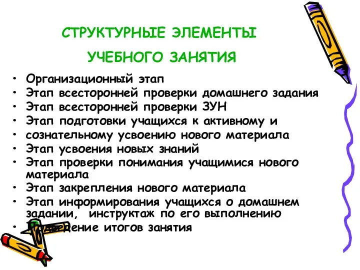 СТРУКТУРНЫЕ ЭЛЕМЕНТЫ УЧЕБНОГО ЗАНЯТИЯ Организационный этап Этап всесторонней проверки домашнего