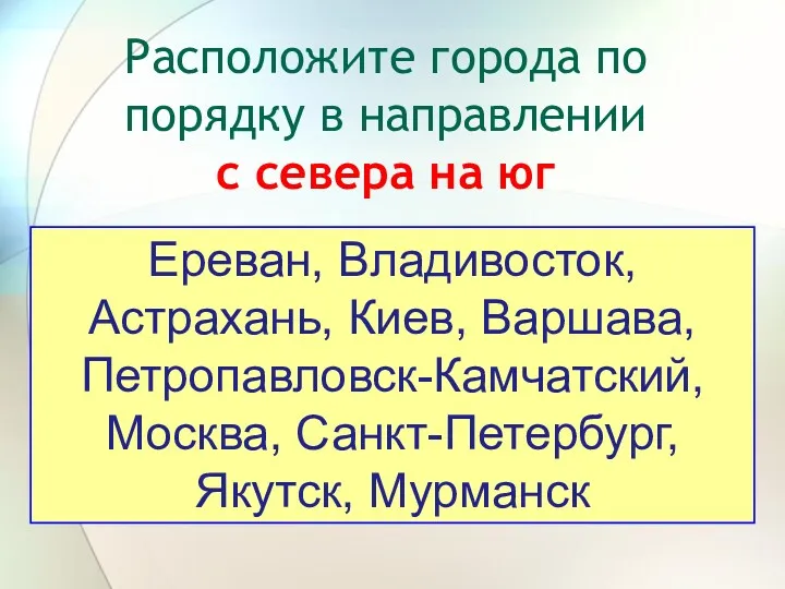 Расположите города по порядку в направлении с севера на юг