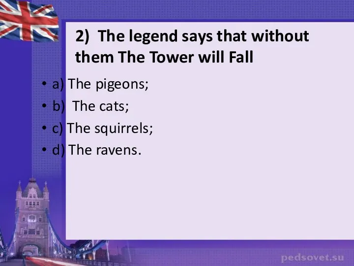 a) The pigeons; b) The cats; c) The squirrels; d)