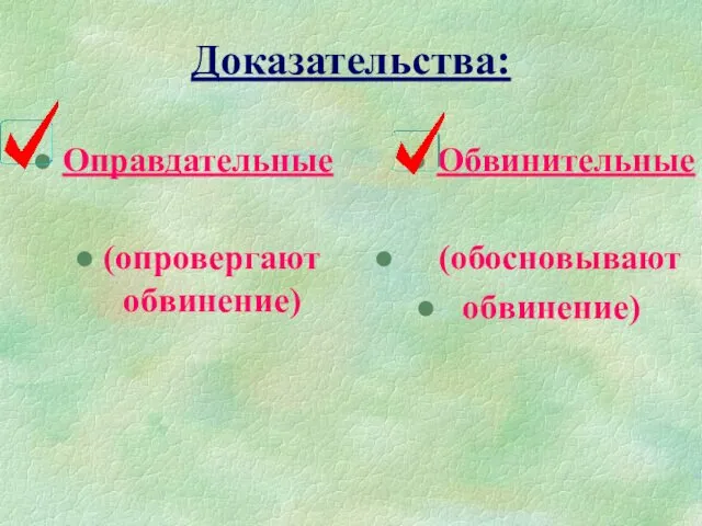 Доказательства: Оправдательные (опровергают обвинение) Обвинительные (обосновывают обвинение)