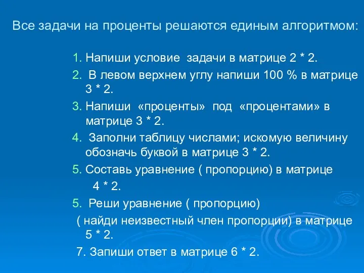 Все задачи на проценты решаются единым алгоритмом: Напиши условие задачи