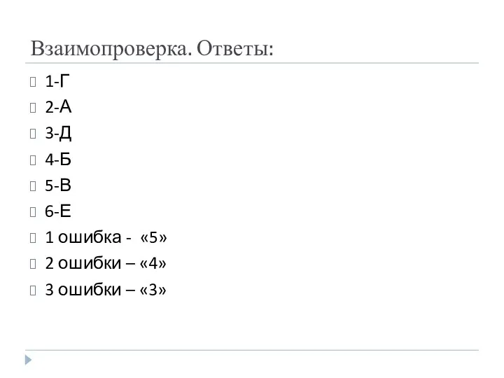 Взаимопроверка. Ответы: 1-Г 2-А 3-Д 4-Б 5-В 6-Е 1 ошибка