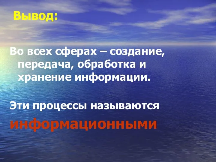 Вывод: Во всех сферах – создание, передача, обработка и хранение информации. Эти процессы называются информационными