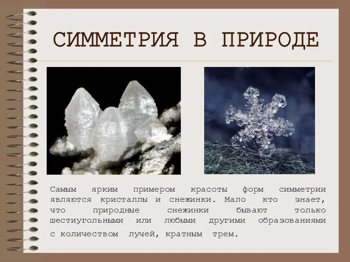 СИММЕТРИЯ В ПРИРОДЕ Самым ярким примером красоты форм симметрии являются кристаллы и снежинки.