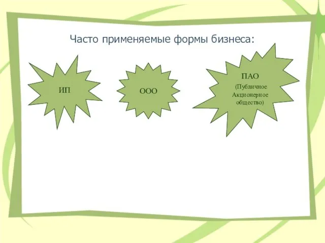 Часто применяемые формы бизнеса: ИП ПАО (Публичное Акционерное общество) ООО