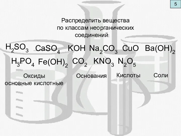 5 Распределить вещества по классам неорганических соединений: Оксиды основные кислотные
