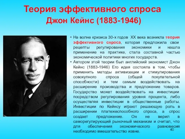 Теория эффективного спроса Джон Кейнс (1883-1946) На волне кризиса 30-х годов ХХ века