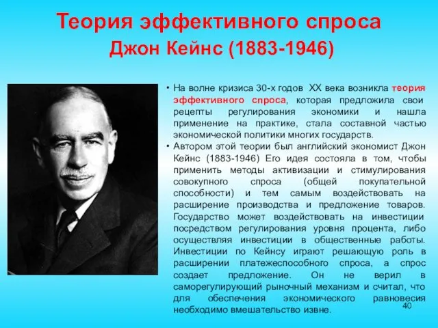 Теория эффективного спроса Джон Кейнс (1883-1946) На волне кризиса 30-х