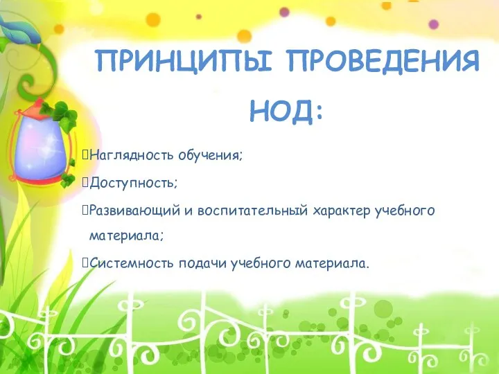 ПРИНЦИПЫ ПРОВЕДЕНИЯ НОД: Наглядность обучения; Доступность; Развивающий и воспитательный характер учебного материала; Системность подачи учебного материала.