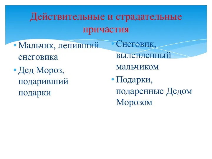 Действительные и страдательные причастия Мальчик, лепивший снеговика Дед Мороз, подаривший