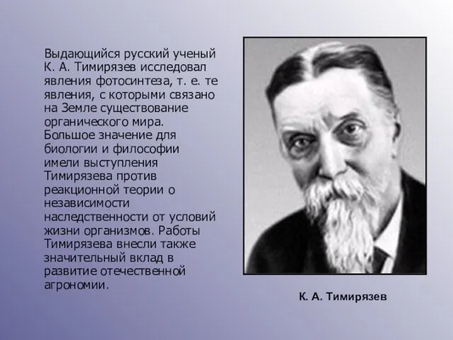 Выдающийся русский ученый К. А. Тимирязев исследовал явления фотосинтеза, т.