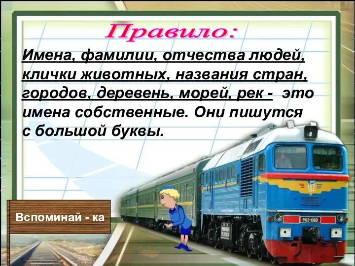 Правило: Имена, фамилии, отчества людей, клички животных, названия стран, городов, деревень, морей, рек