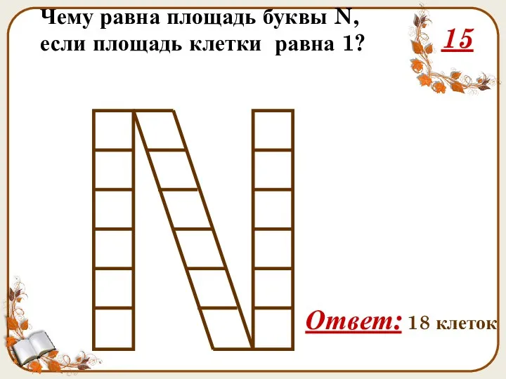 Чему равна площадь буквы N, если площадь клетки равна 1? Ответ: 18 клеток 15