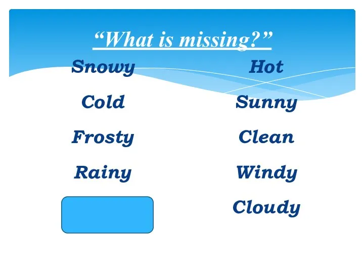 “What is missing?” Snowy Cold Frosty Rainy Warm Hot Sunny Clean Windy Cloudy