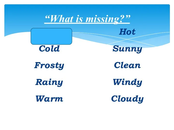 “What is missing?” Snowy Cold Frosty Rainy Warm Hot Sunny Clean Windy Cloudy
