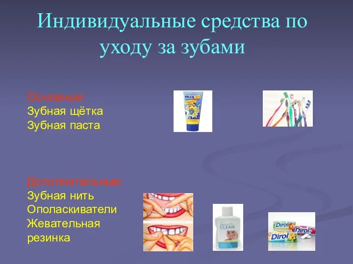 Индивидуальные средства по уходу за зубами Основные: Зубная щётка Зубная
