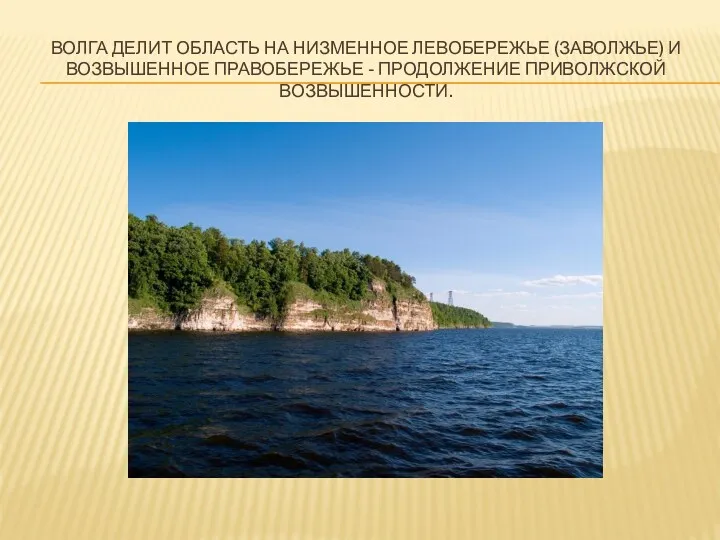 Волга делит область на низменное Левобережье (Заволжье) и возвышенное Правобережье - продолжение Приволжской возвышенности.