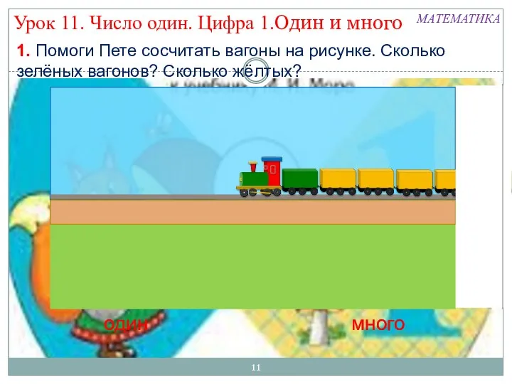 1. Помоги Пете сосчитать вагоны на рисунке. Сколько зелёных вагонов?