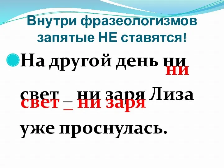 Внутри фразеологизмов запятые НЕ ставятся! На другой день ни свет