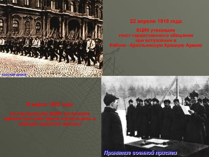 22 апреля 1918 года ВЦИК утвержден текст торжественного обещания при