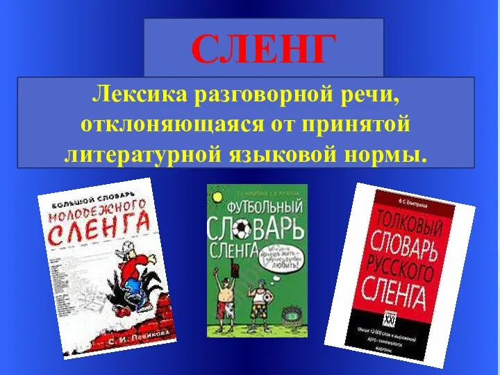 СЛЕНГ Лексика разговорной речи, отклоняющаяся от принятой литературной языковой нормы.