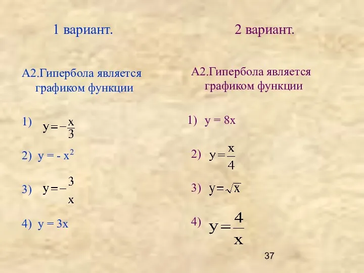 1 вариант. 2 вариант. А2.Гипербола является графиком функции 1) 2)