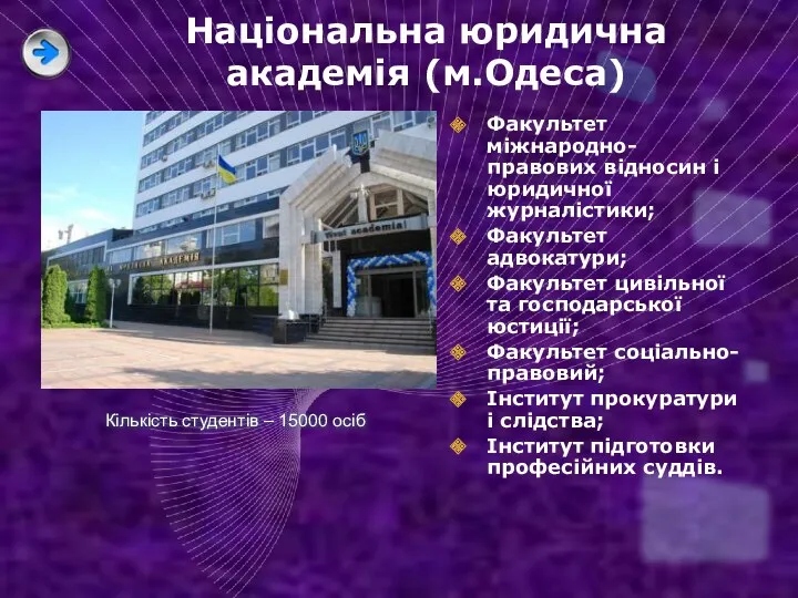 Національна юридична академія (м.Одеса) Факультет міжнародно-правових відносин і юридичної журналістики;