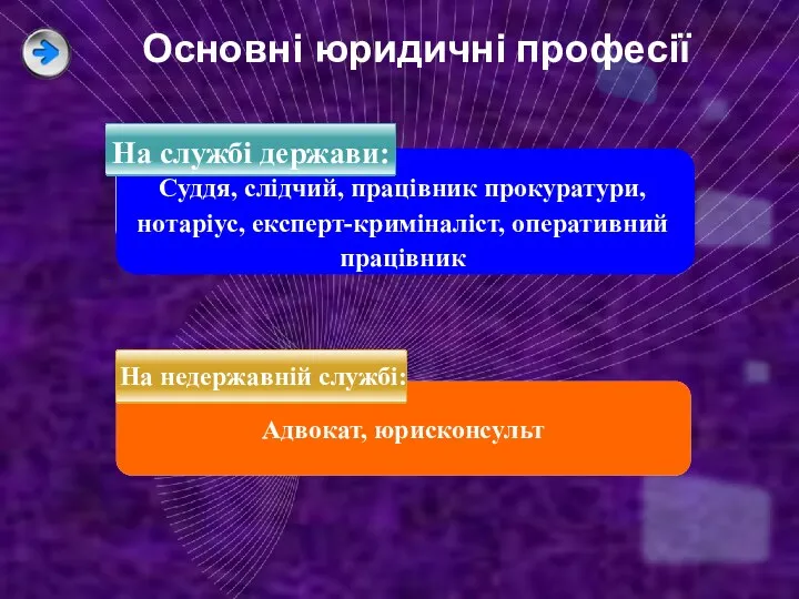 Адвокат, юрисконсульт На службі держави: На недержавній службі: Суддя, слідчий,