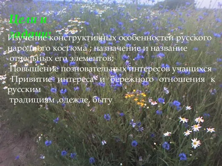 Цели и задачи: Изучение конструктивных особенностей русского народного костюма ; назначение и название