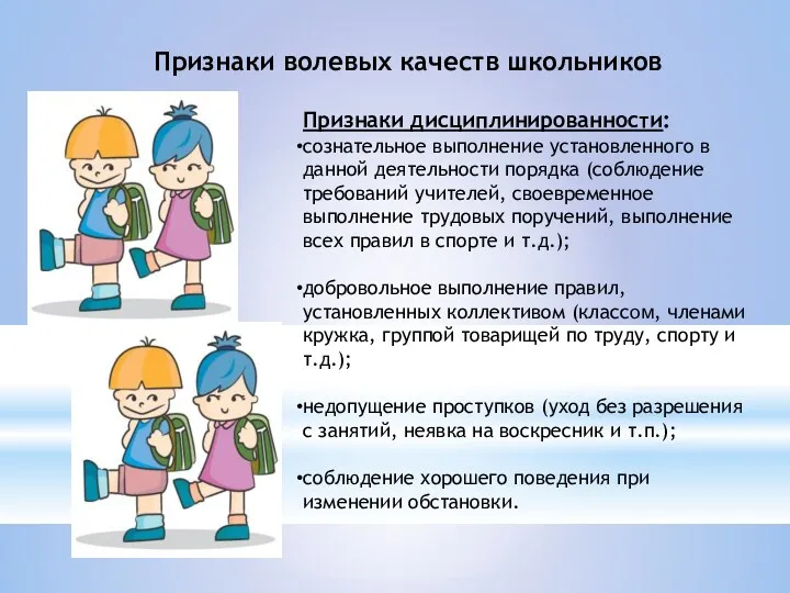 Признаки волевых качеств школьников Признаки дисциплинированности: сознательное выполнение установленного в