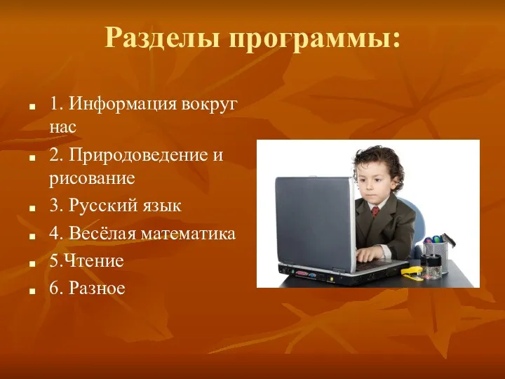 Разделы программы: 1. Информация вокруг нас 2. Природоведение и рисование