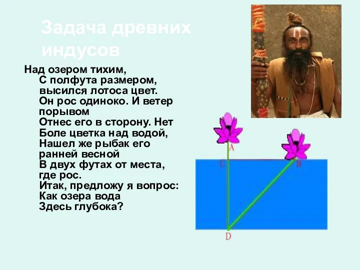 Задача древних индусов Над озером тихим, С полфута размером, высился