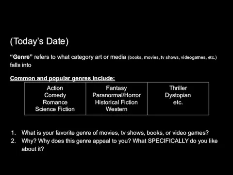 Genre refers to what category art or media (books, movies, tv shows, videogames)