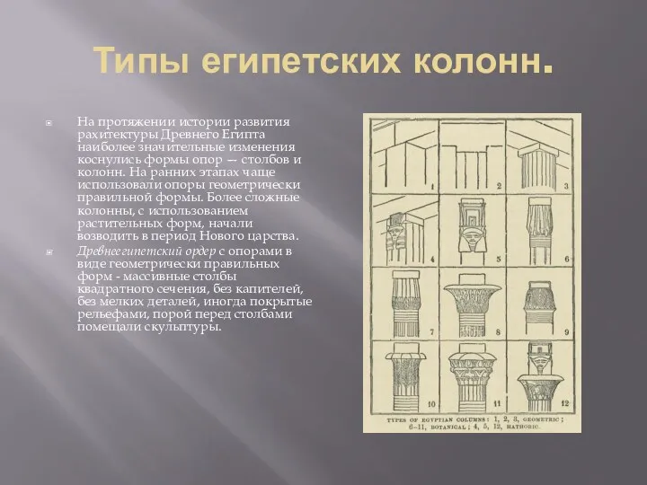 Типы египетских колонн. На протяжении истории развития рахитектуры Древнего Египта