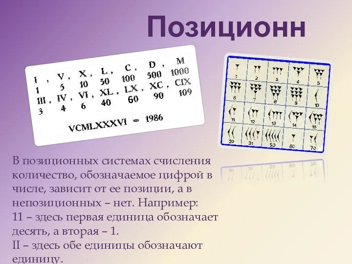 В позиционных системах счисления количество, обозначаемое цифрой в числе, зависит