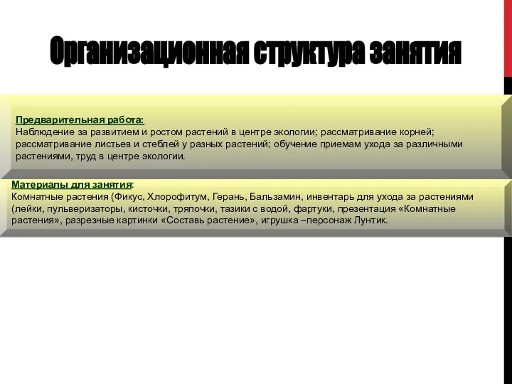 Организационная структура занятия Предварительная работа: Наблюдение за развитием и ростом