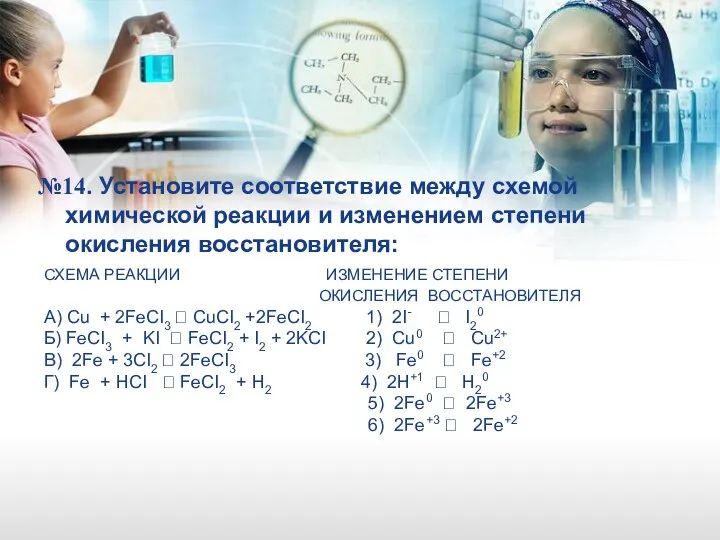 СХЕМА РЕАКЦИИ ИЗМЕНЕНИЕ СТЕПЕНИ ОКИСЛЕНИЯ ВОССТАНОВИТЕЛЯ А) Cu + 2FeCI3