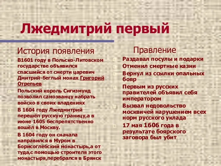 Лжедмитрий первый История появления В1601 году в Польско-Литовском государстве объявился