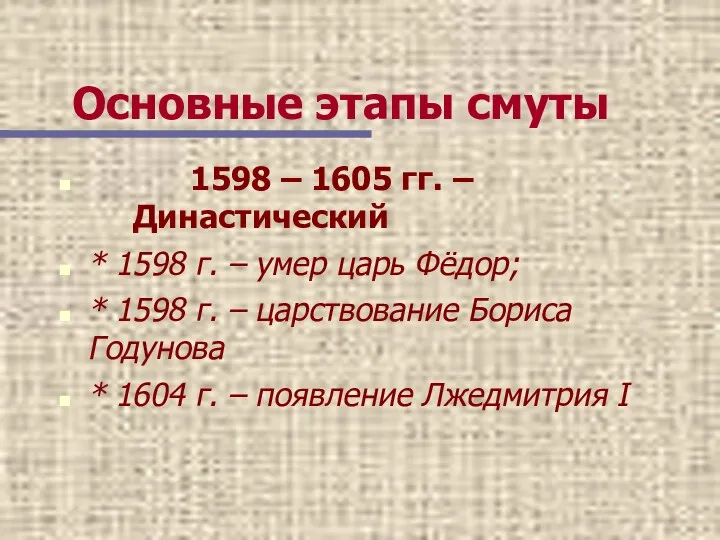 Основные этапы смуты 1598 – 1605 гг. – Династический *