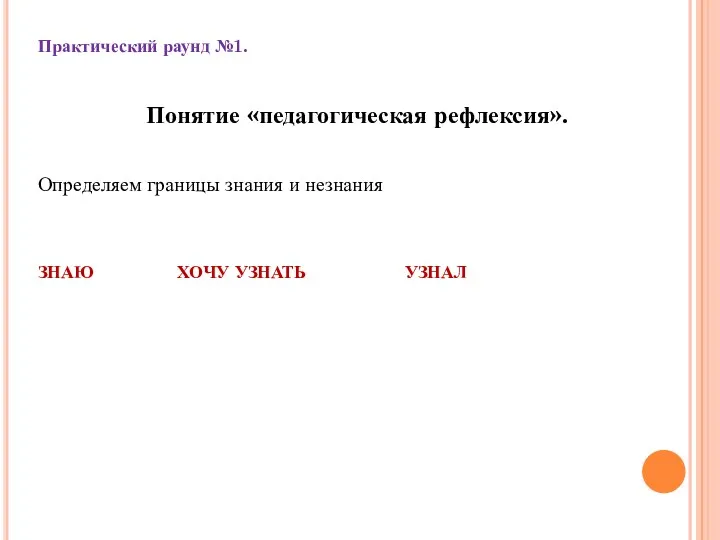 Практический раунд №1. Понятие «педагогическая рефлексия». Определяем границы знания и незнания ЗНАЮ ХОЧУ УЗНАТЬ УЗНАЛ