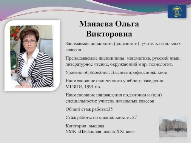 Манаева Ольга Викторовна Занимаемая должность (должности): учитель начальных классов Преподаваемые